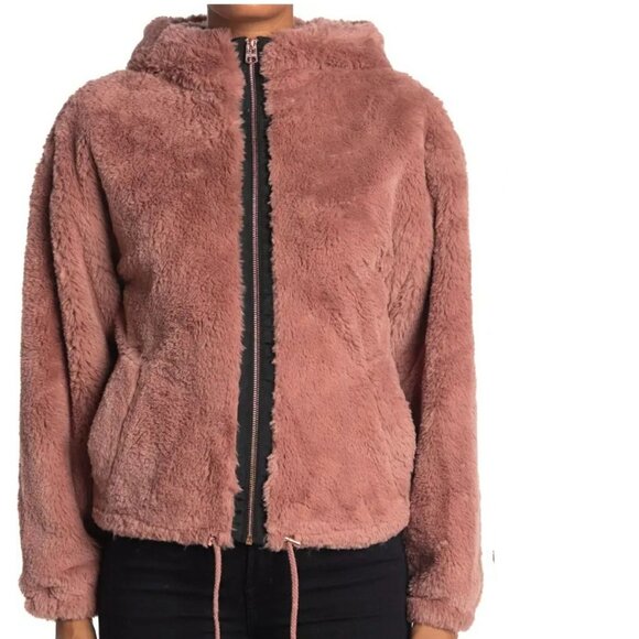 Lucky Brand L Womens Pink Faux Fur Hooded Jacket Rose Gold Zip Plush Cozy Warm - Picture 2 of 11